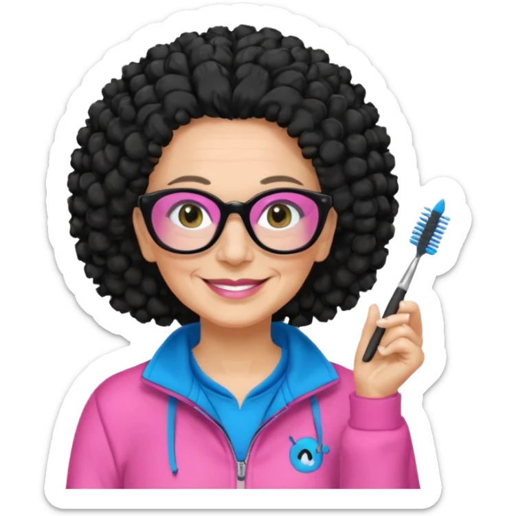 FEMME FRISÉ 60 ANS CHEVEUX NOIR FRISÉ LONG SOURIANTE AVEC CHANDAIL ROSE,   YEUX BLEU ET UN PINCEAU À LA MAIN LA MAIN AVEC 5 DOIGT SEULEMENT ET LUNETTE sticker