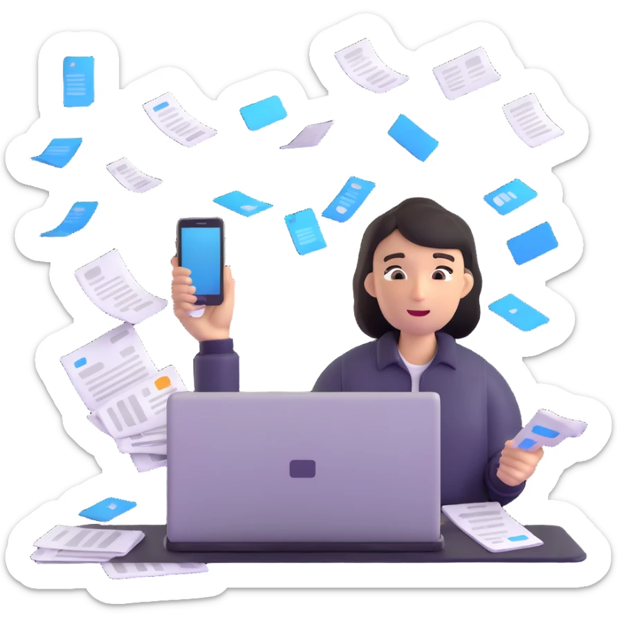 person holding a phone in one hand, laptop open in front, storm of receipts, invoices, and reminders swirling around, multitasking chaos sticker
