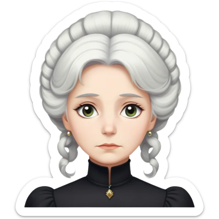 A Victorian woman with elegant coiffed white hair and light eyes wearing a modest black turtleneck mourning dress without jewelry looking down with a forlorn expression sticker