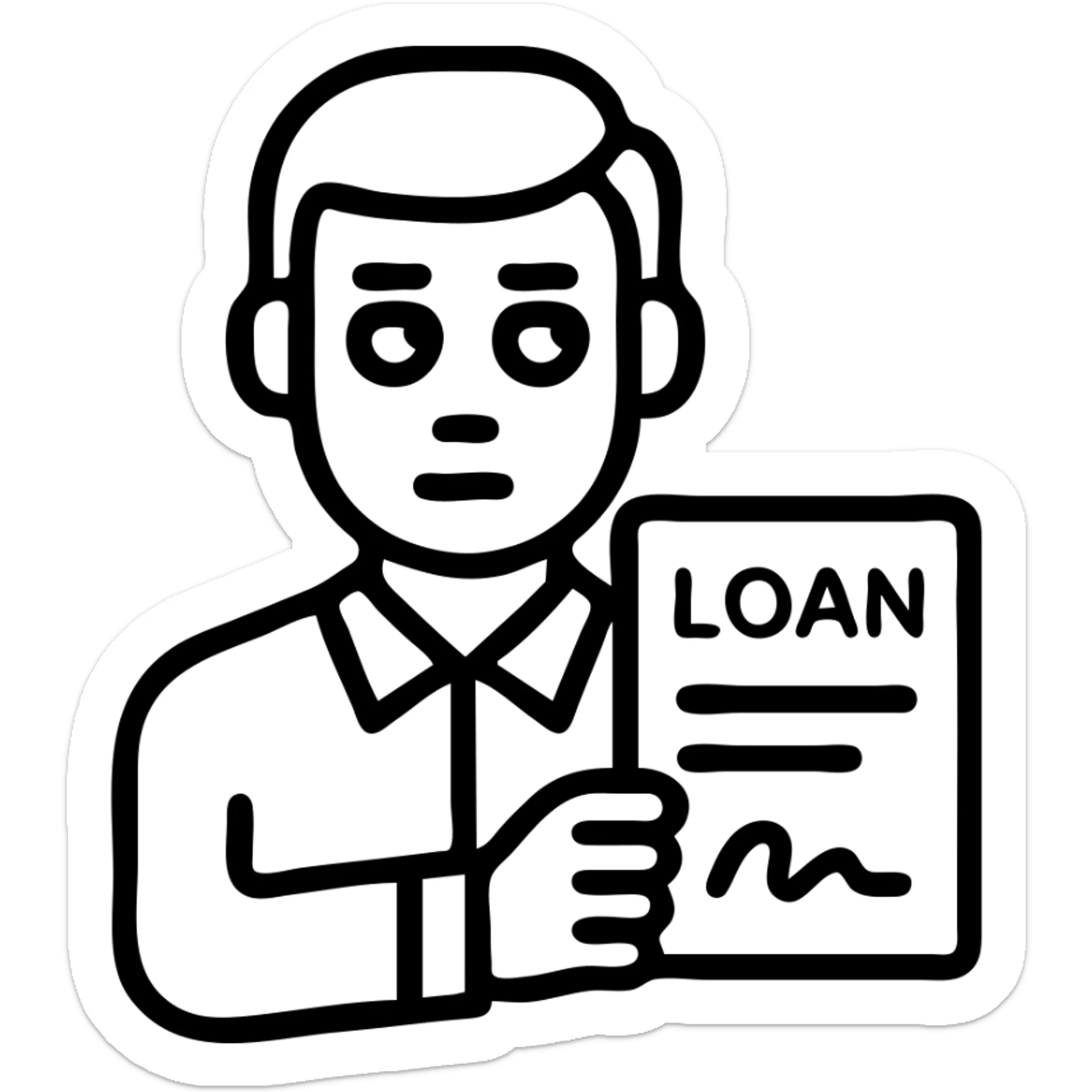 man committing loan perjury, with a document and shifty eyes sticker