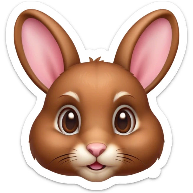 Cinematic Cute Brown Rabbit Portrait Emoji, Head tilted playfully and inquisitively, featuring a glossy, velvety brown fur with perky ears, round, sparkling brown eyes filled with curiosity, Simplified yet irresistibly adorable features, highly detailed, glowing with a warm, friendly glow, high shine, affectionate and lively, stylized with a touch of whimsy, bright and endearing, soft glowing outline, capturing the essence of a mischievous yet loving bunny, so playful it feels like it could hop out of the screen and into your arms! sticker