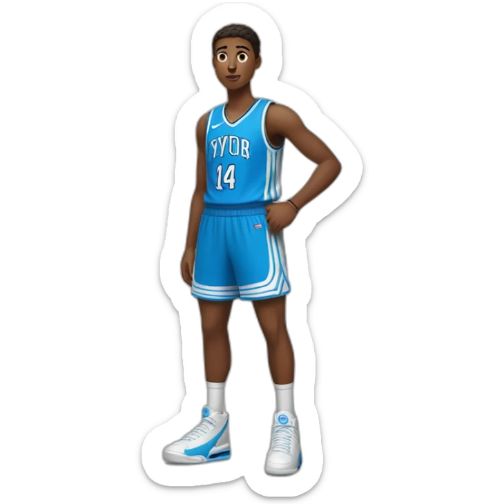 Un adolescent brun qui joue au basketball avec des nike et un maillot bleu avec le numéro 14 écrit dessus dans le style de IOS sticker