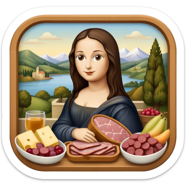  mona lisa with SPAM MEAT charcuterie and fruit tray renaissance landscape sticker