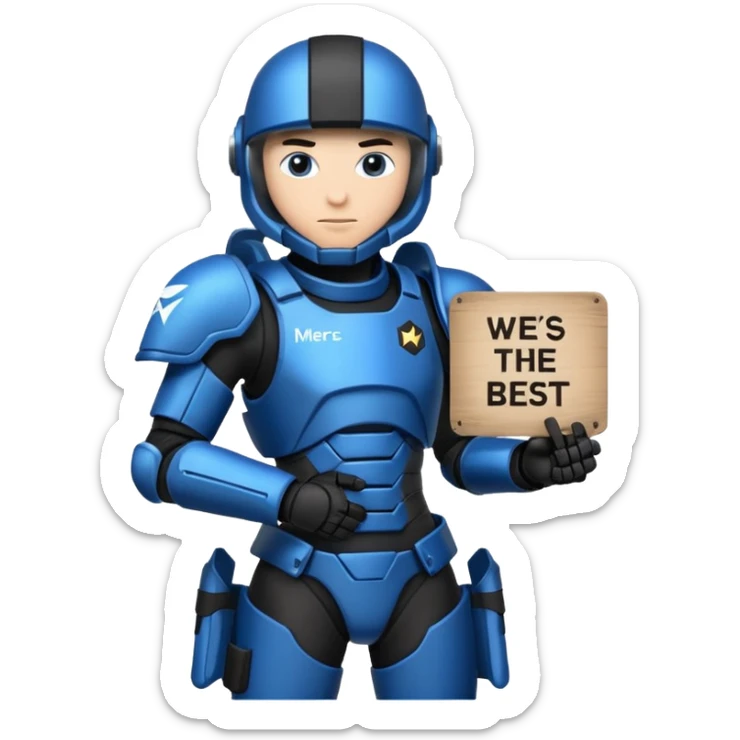 a futeristic scifi soldier in blue and black holding a sign saying Mercs, under this futeristic scifi in blue and black holding a sign is the text we are the best. in gif sticker