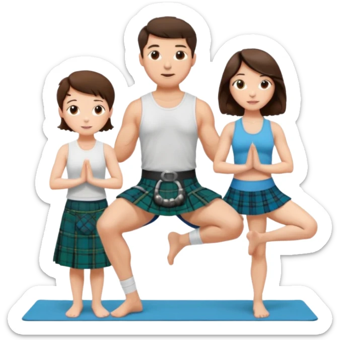emoji of brunette man wearing kilt, brunette woman in yoga outfit and white cockapoo sticker