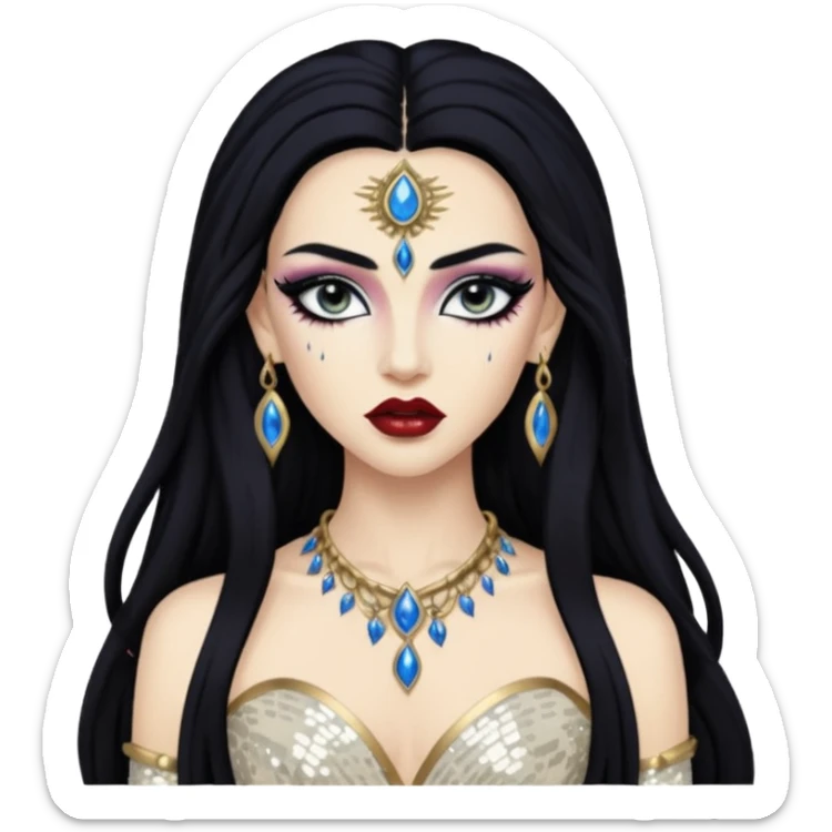 Akasha from Queen of the Damned with long black hair, ivory sequin outfit sticker