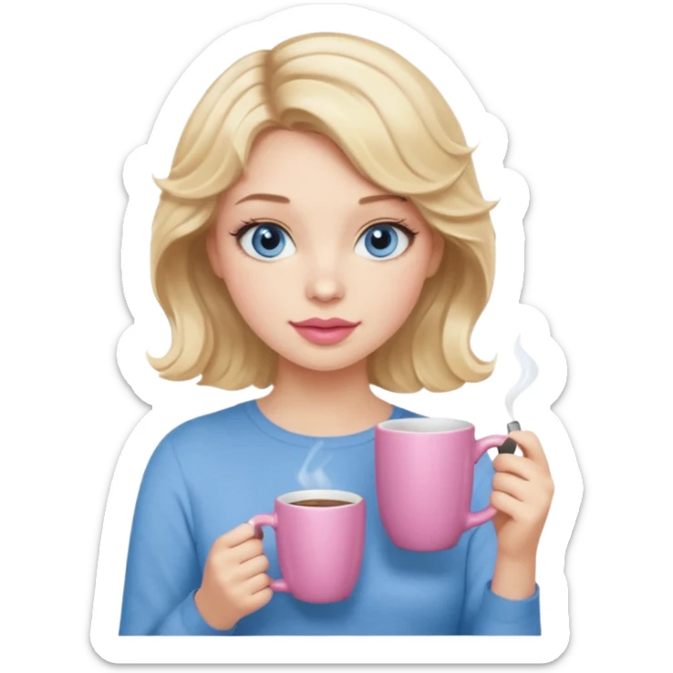 Girl Blonde short wavy hair,  blue eyes, cute blue top, long lashes, pink lips, holding coffee mug sticker