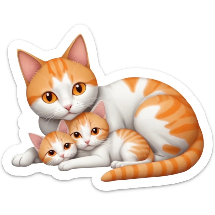 full body of a grey and white cat cuddling a very small + skinny ginger and white kitten with deep orange eyes and triangular shaped face lying down sticker