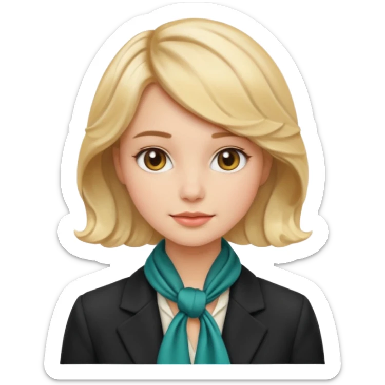 young elegant lady emoji, short wavy blonde hair, silk scarf, fitted blazer, gentle expression sticker