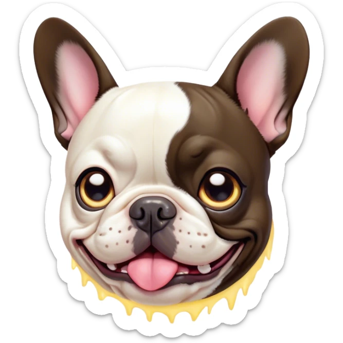 Cinematic Comical Pied French Bulldog Portrait Emoji, Head tilted with an exaggeratedly shocked, comical expression and wide, humorously expressive eyes, showcasing a distinctive pied fur of contrasting hues and a charmingly goofy face, simplified yet hilariously detailed, glowing with a sassy, playful radiance, high shine, exuding a mischievous and meme-worthy charm, styled with a soft glowing outline, capturing the essence of a Pied French Bulldog that looks ready to spark a viral laugh! sticker
