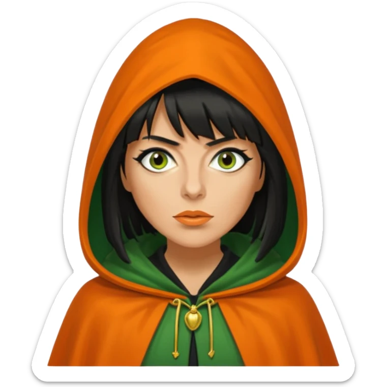 claudia winkleman with a heavy fringe and an orange tan as a traitor with a green hooded cloak with a gold clasp and dark black eyeliner sticker