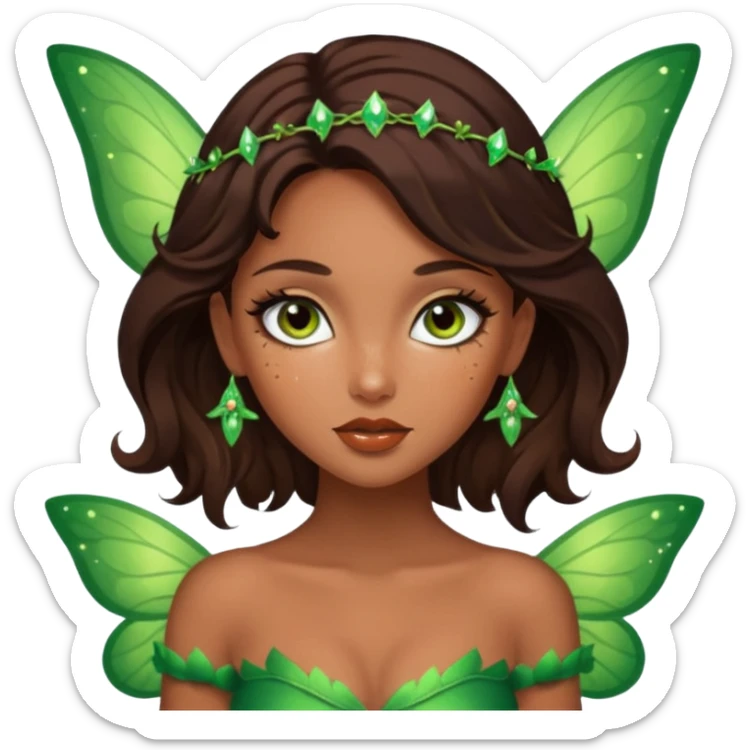 Pretty girl with caramel skin. Dark brown hair and brown eyes. She has freckles. Wearing sexy makeup. Wearing a green fairy costume and heels sticker
