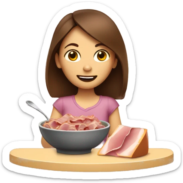 Girl with brown hair eating a Bowl with ham, cheese, and olives  sticker