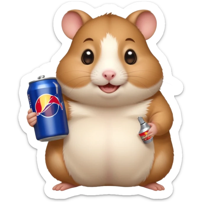 Funny cartoon-style fat hamster wide eyed with a can of redbull sticker