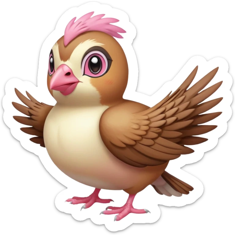 pidgey, small brown bird, cream face and belly, pink feet, short beak, wings spread sticker