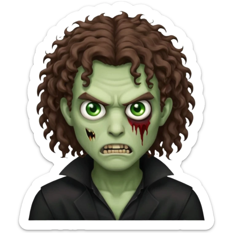long curly haired male zombie with brown hair color and green eye color, with dark vampire clothes and angry face emotion sticker