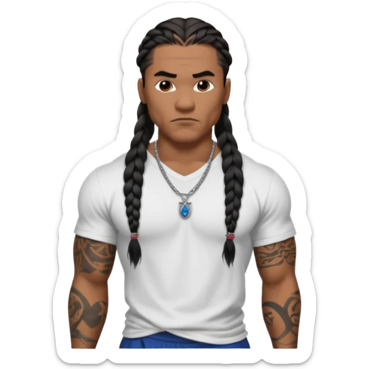 Samoan male with loose fitting white t-shirt. long braided hair, very muscular, tattoos. street culture clothing. Tough and menacing. sticker