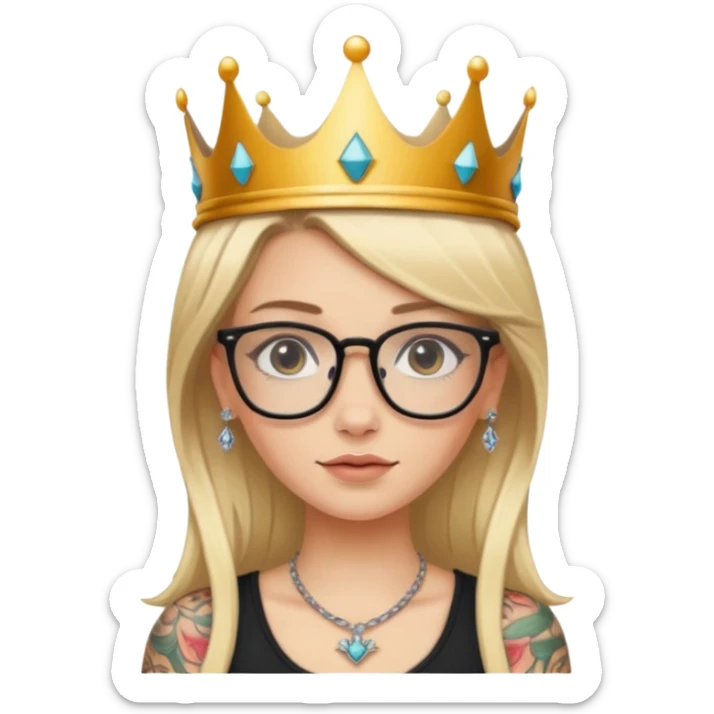 beautiful white girl with tattoos,  straight hair wearing a crown and glasses with long blond hair  sticker