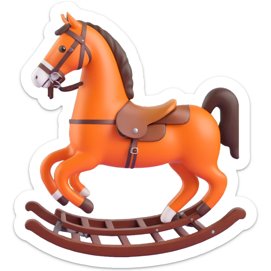 rocking horse, 3D, vintage, dark wood, Hermès orange leather saddle, elegant, no text sticker