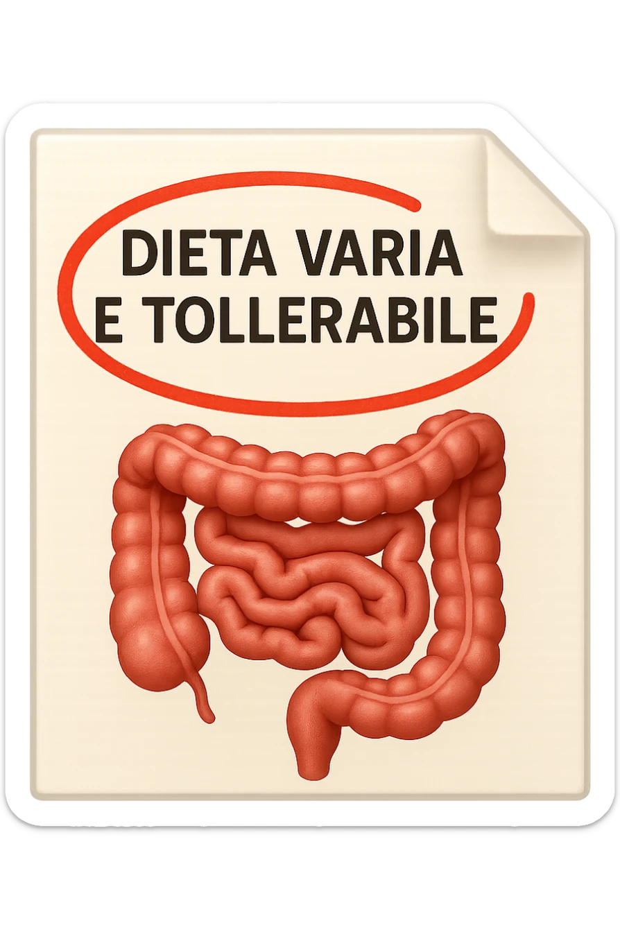 emoji stile iphone di un foglio con un INTESTINO disegnatO sopra e la scritta "DIETA VARIA E TOLLERABILE" CERCHIATA IN ROSSO, iperrealistico 4k, isolato su sfondo bianco sticker