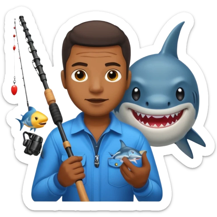 Black man with a fishing rod and a shark, emoji style sticker