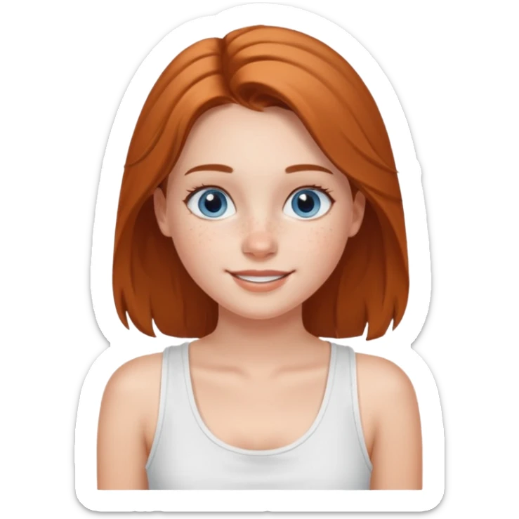 Una chica de tez blanca con pecas, nariz respingada, labios gruesos, ojos grandes color azul grisáceo, pelo largo, lacio, color avellana. Con una blusa de tirantes blanca. Que este sonriendo y q solo se vea de la cintura hacía arriba sticker