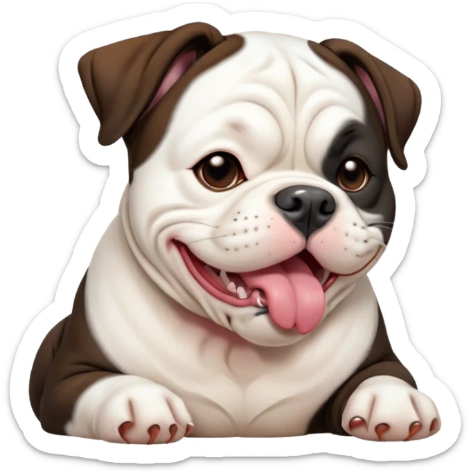 Cinematic Cute Yawning Black and White American Bulldog Portrait Emoji, Head tilted slightly with a dramatic, wide-open yawn, short black and white fur with a velvety texture, floppy ears slightly drooping, round brown eyes barely open in drowsy contentment, Simplified yet irresistibly adorable features, highly detailed, glowing with a soft, cozy glow, high shine, relaxed yet expressive, stylized with a touch of whimsy, bright and endearing, soft glowing outline, capturing the essence of a sleepy yet affectionate pup, so drowsy it feels like it could stretch right out of the screen and curl up for a nap! sticker