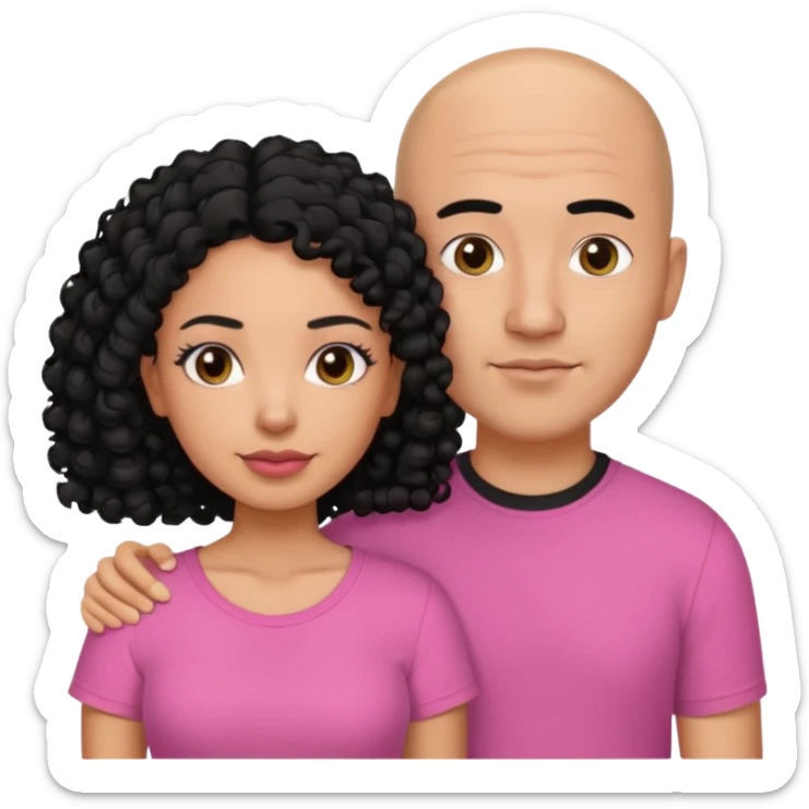 A picture if a couple. the man is a Mexican man with  black hair, a bald hair cut and black shirt on. the woman is mixed with black and white, with curly shoulder length hair and a pink shirt on sticker