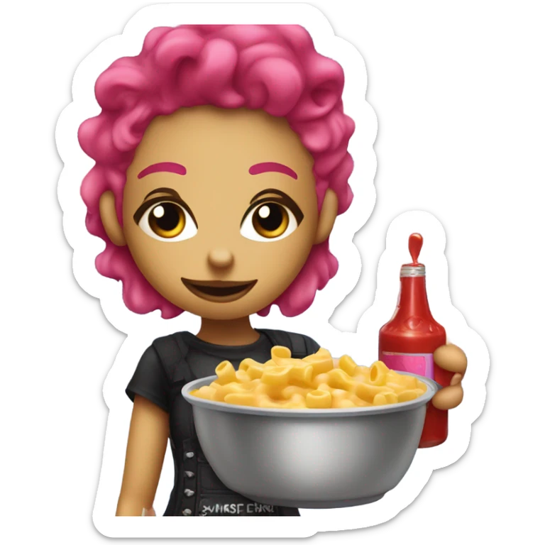 Punk girl with blue and pink hair puts ketchup on Mac n cheese sticker