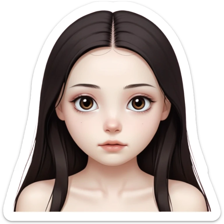 girl with white skin, dark brown long realistic straight hair with middle part prominently falling in front of her body over her shoulders, natural lips with absolutely no cupid's bow and no lip gloss or makeup, big round eyes with very black shiny eyeballs and natural eyelashes, no makeup whatsoever on face, no blush, no eyeshadow, completely bare face, lighter button nose, exceptionally elongated very long oval-shaped face, wearing a pink off-shoulder top, looking directly at camera with hands down at sides sticker