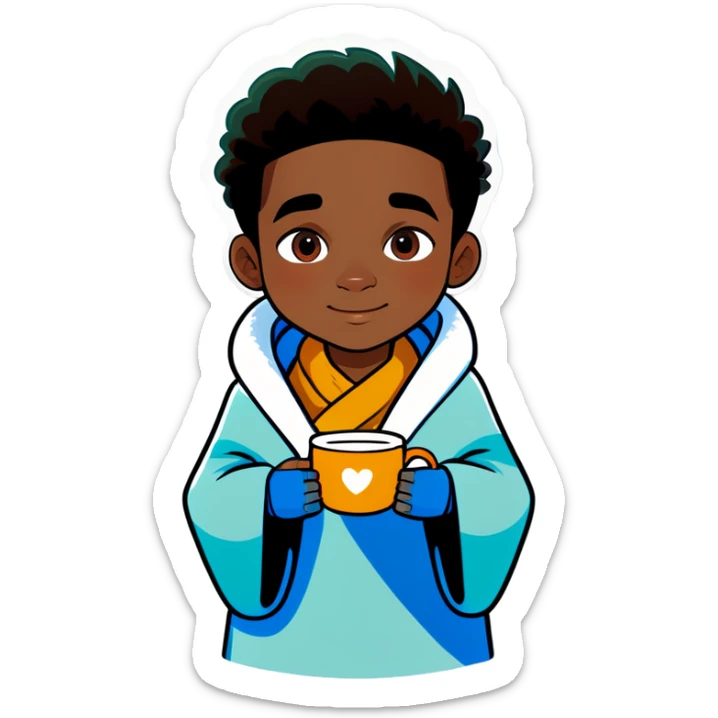 Brown skin boy wrapped in a blanket holding a cup of tea cozy vibes sticker