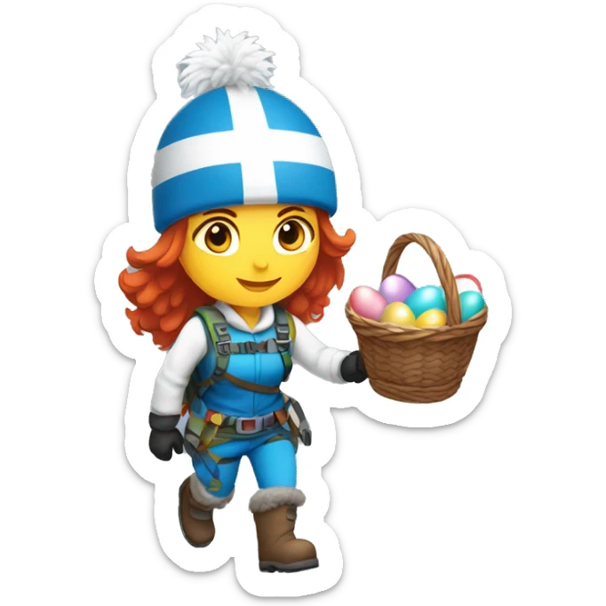 Female winter mountaineer red hair white skin climbing with Greek Flag and Easter eggs basket sticker