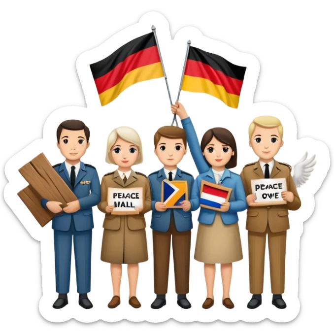 people holding protest signs, Berlin Wall in the background, peace dove, East and West Germany flags, 1950s and 60s sticker