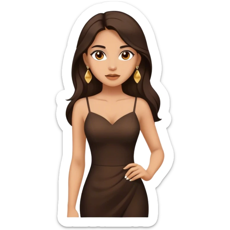 Beautiful woman,cute, long dark brown hair in dark dress with gold earrings sticker