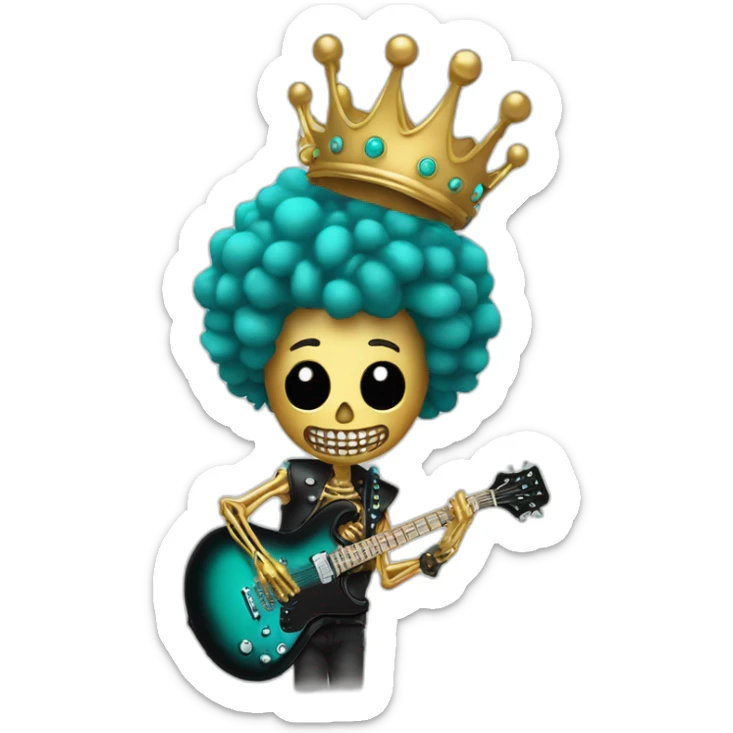 Soolking brook ;black affro cut ;turquoise electric guitar;golden crown ;skeletal face sticker