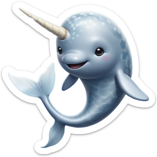 Cinematic Noble Cute Narwhal Portrait Emoji, Poised and graceful, with a streamlined, gently curved body clad in mottled, silvery-gray skin, accented by a long, spiraled ivory tusk and wide, expressive eyes radiating playful intelligence, Simplified yet sharp and sophisticated features, highly detailed, glowing with a cool, frosted ocean glow, high shine, intelligent and enigmatic, stylized with an air of whimsical marine majesty, focused and graceful, soft glowing outline, capturing the essence of a watchful and confident cute narwhal that appears ready to glide out of the screen with effortless charm! sticker