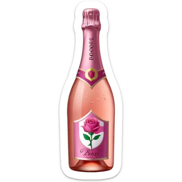 bottle of sparkling rosé with a rose logo on the label, angled to the left, no glass sticker