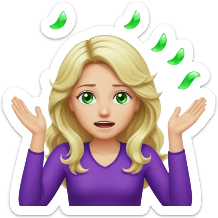 lady with long wavy blonde hair, purple top, green eyes, throwing her hands in the air crying sticker