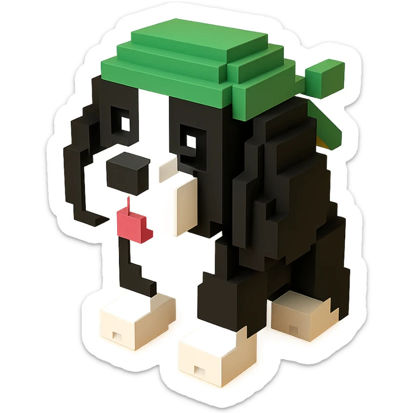 A black and white Russian Cocker Spaniel puppy wearing a green durag, voxel style, standing sticker