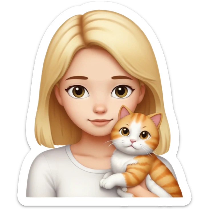 Girl with black gradient to blonde hair  petting her white Garfield cat and brown Garfield cat sticker
