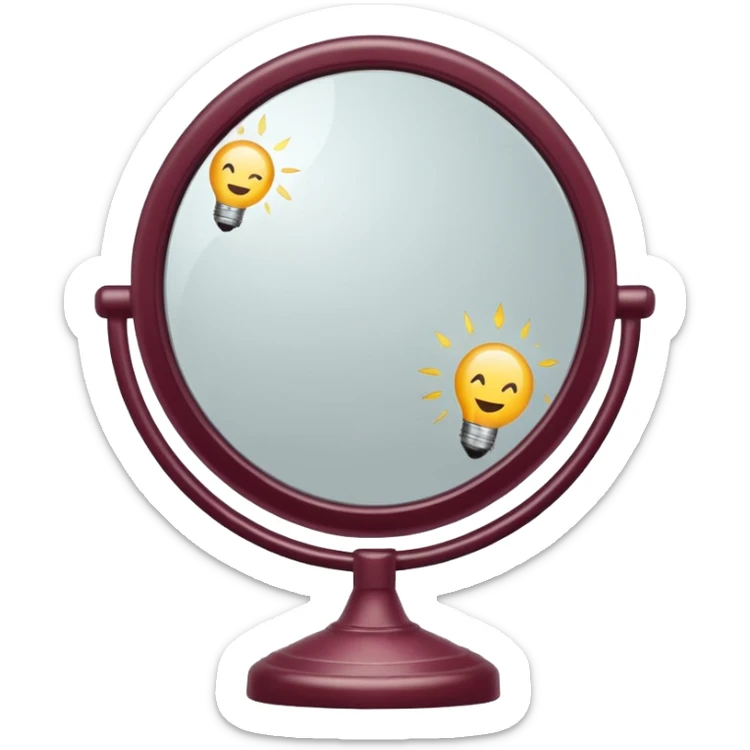 Minimalist emoji-style sticker of a vanity mirror with dim bulbs and cracked glass, words “Am I real yet?” smeared in dusty lipstick tone


 sticker
