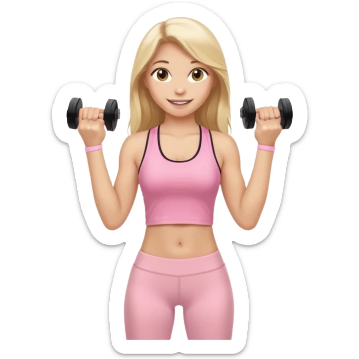 Create a young woman with long blonde hair, golden eyes, and medium-light skin tone, wearing a light pink tank top and leggings. She should be doing home worjout, with a smile sticker