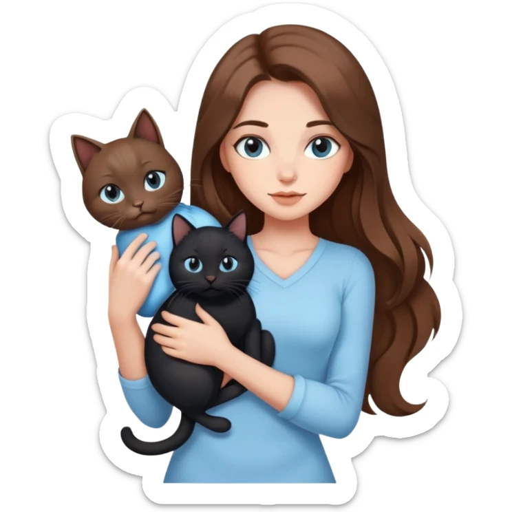 A sexy girl with long hair wearing light blue clothes is holding a black cat sticker