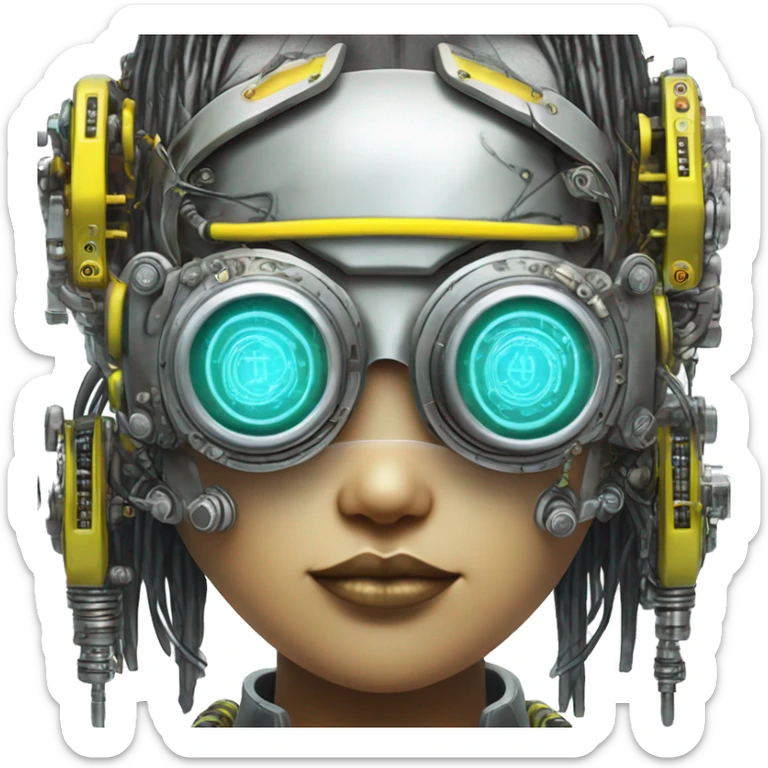 Neon yellow bobbed hair Asian female cyborg head with silver steampunk goggles and circuits sticker