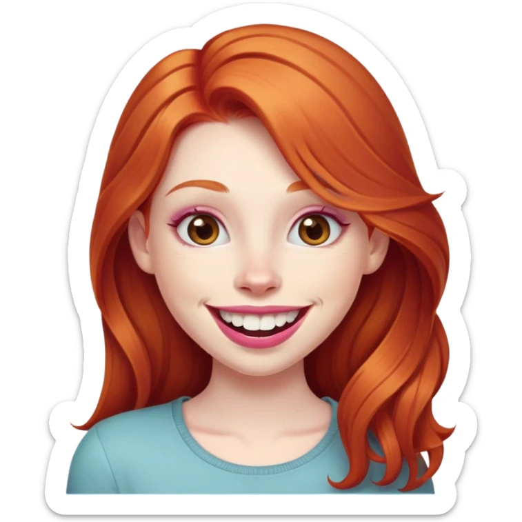 Young girl with pale skin, longer face, full pink lips smiling with big teeth, very long ginger red hair (no blonde at all), big brown eyes, bigger nose, big mouth sticker