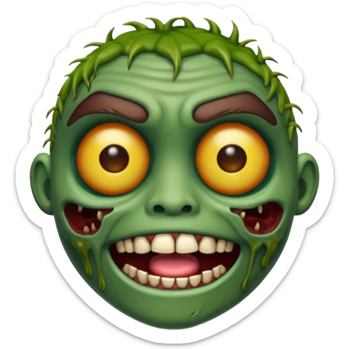 emoji de zumbi realista estilo 3D, pele verde podre, cicatrizes, olhos brilhando, expressão assustadora, fundo transparente sticker