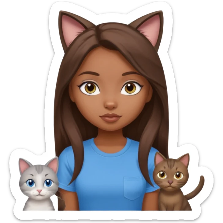 a pretty bratz dusky girl with long brown hair, blue eyes with six cats nd wearing a grey tshirt sticker