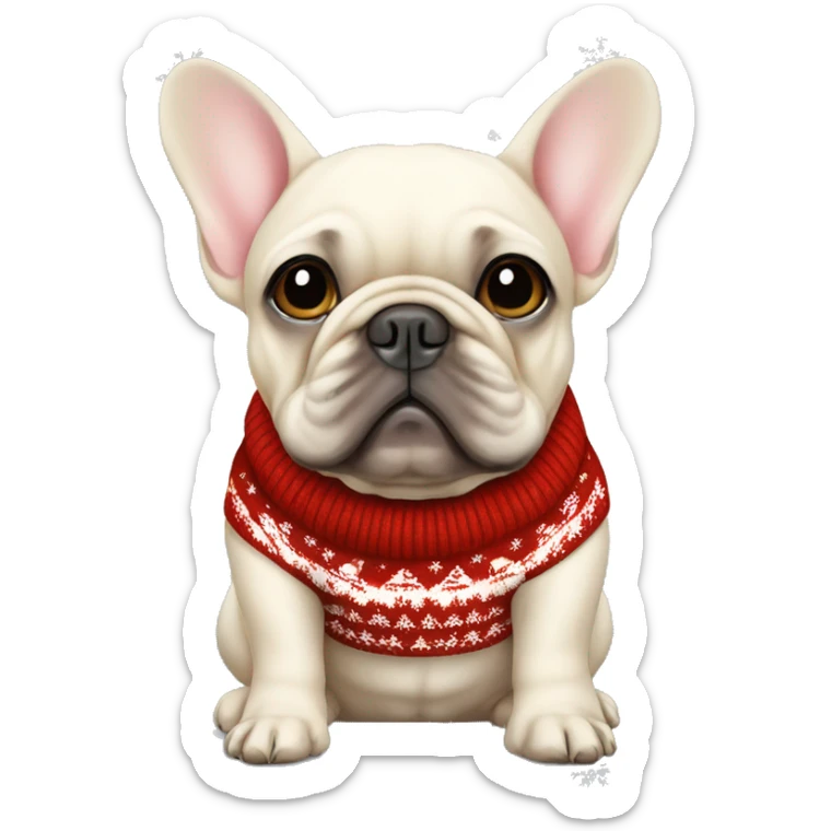 Cream coloured French bulldog with a Christmas jumper g sticker