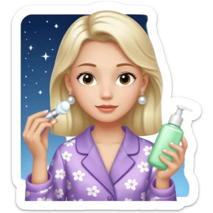 Clean girl aesthetic emoticons, apply skincare products, pearl earrings, glowing skin, pajamas, soft lighting sticker