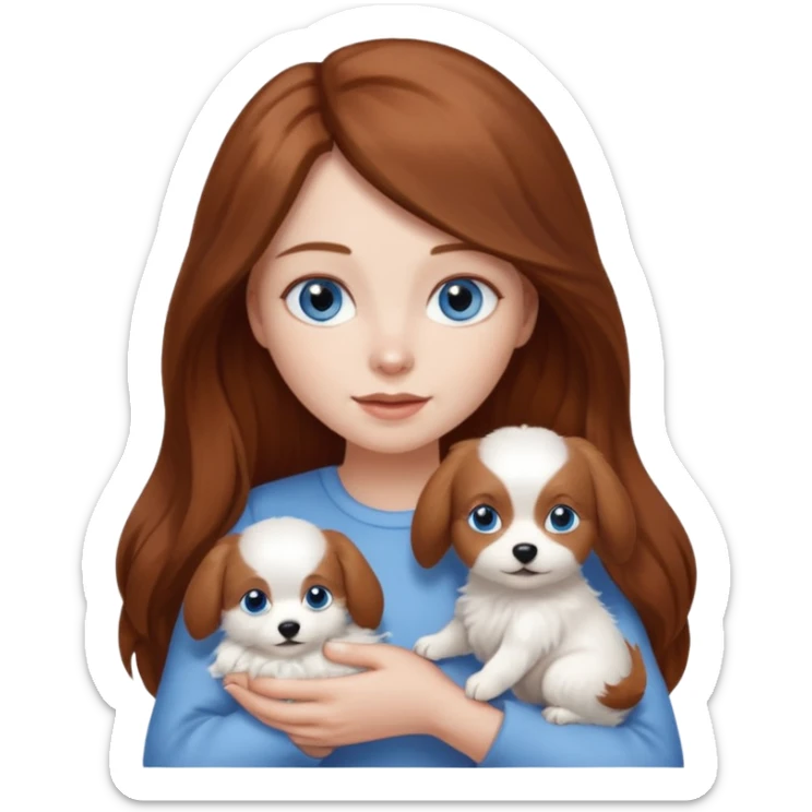 long hair chestnut color blue eyes woman holding small plain white dog sticker